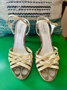 COACH Beige Strappy Logo Sandal Heels
